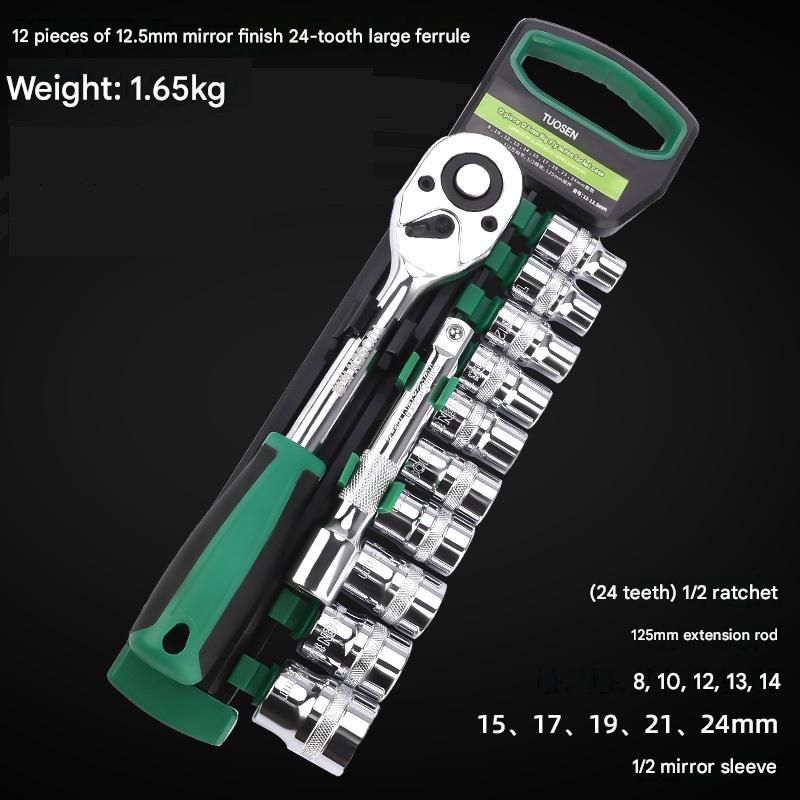 Green 12-Piece 1/2-Inch Drive 24-Tooth Ratchet & Socket Set — High-Carbon Steel, Mirror-Polished Socket Wrench Tool Kit — Automotive Repair Tool Set with Quick-Release Ratchet — Ideal for Car Maintenance, Mechanical Repairs, and DIY Projects - Image 1
