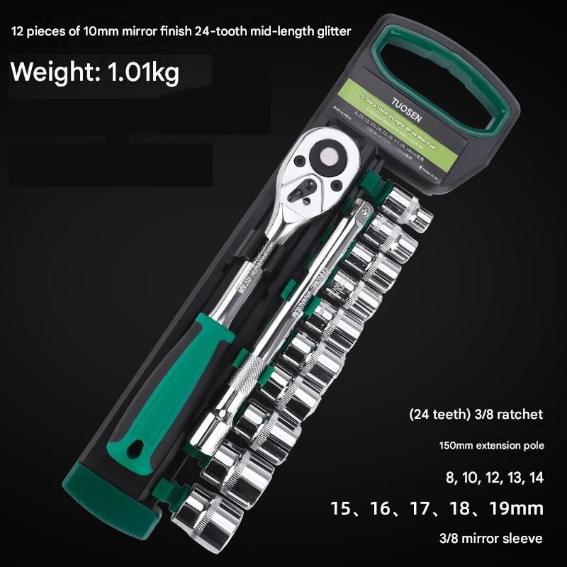 Green 12-Piece 3/8-Inch Drive 24-Tooth Ratchet & Socket Set — High-Carbon Steel, Mirror-Polished Socket Wrench Tool Kit — Automotive Repair Tool Set with Quick-Release Ratchet — Ideal for Car Maintenance, Mechanical Repairs, and DIY Projects - Image 1