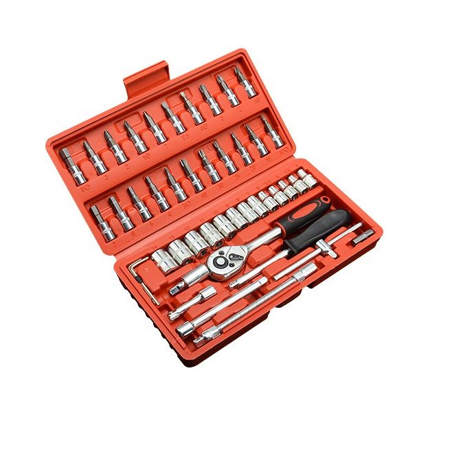 46-Piece Automotive Repair Tool Set - Carbon Steel Ratchet Wrench Socket Kit - 1/4 Inch Drive with Extension Bars, Universal Joint, and Multi-Bit Screwdriver Heads - Compact Storage Case for Car Maintenance, Machinery Repair, and DIY Projects - Image 1