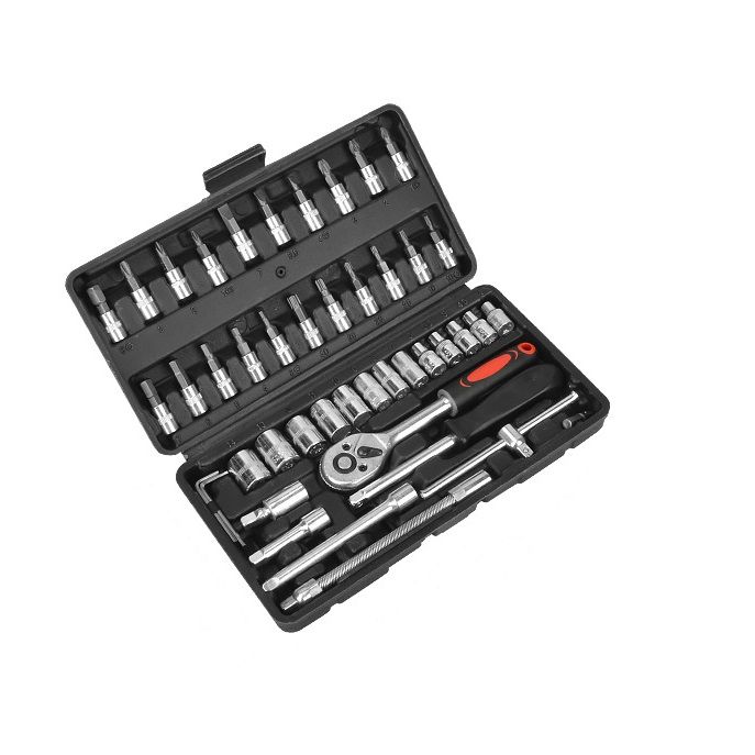 46-Piece Automotive Repair Tool Set - Carbon Steel Ratchet Wrench Socket Kit - 1/4 Inch Drive with Extension Bars, Universal Joint, and Multi-Bit Screwdriver Heads - Compact Storage Case for Car Maintenance, Machinery Repair, and DIY Projects - Image 1