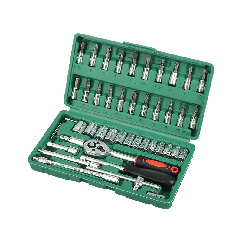46-Piece Automotive Repair Tool Set - Carbon Steel Ratchet Wrench Socket Kit - 1/4 Inch Drive with Extension Bars, Universal Joint, and Multi-Bit Screwdriver Heads - Compact Storage Case for Car Maintenance, Machinery Repair, and DIY Projects - Image 1