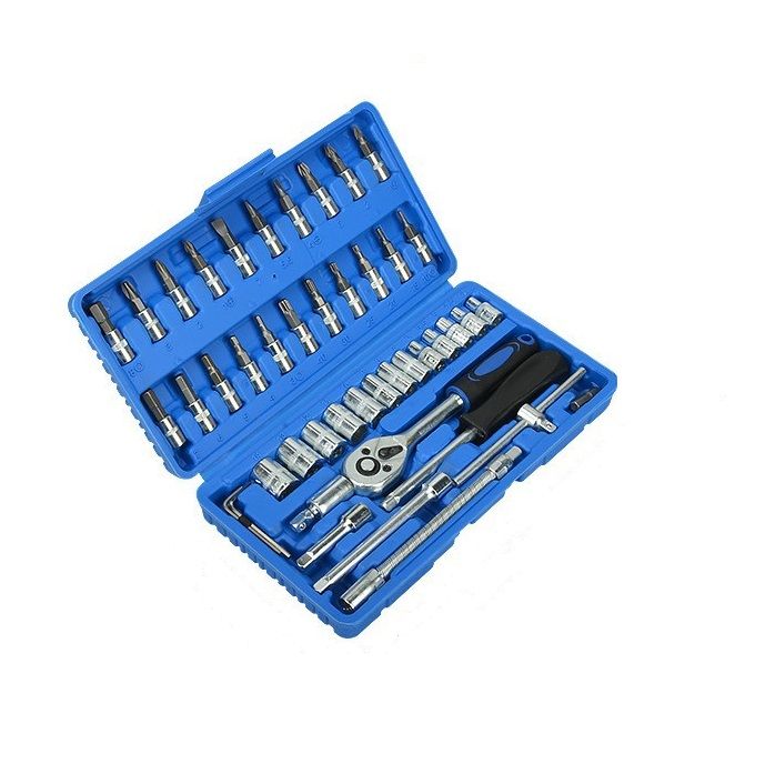 46-Piece Automotive Repair Tool Set - Carbon Steel Ratchet Wrench Socket Kit - 1/4 Inch Drive with Extension Bars, Universal Joint, and Multi-Bit Screwdriver Heads - Compact Storage Case for Car Maintenance, Machinery Repair, and DIY Projects - Image 1