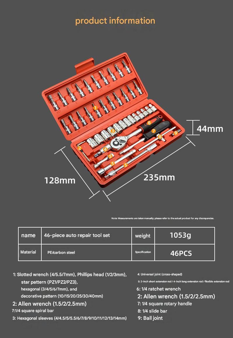 46-Piece Automotive Repair Tool Set - Carbon Steel Ratchet Wrench Socket Kit - 1/4 Inch Drive with Extension Bars, Universal Joint, and Multi-Bit Screwdriver Heads - Compact Storage Case for Car Maintenance, Machinery Repair, and DIY Projects - Image 8