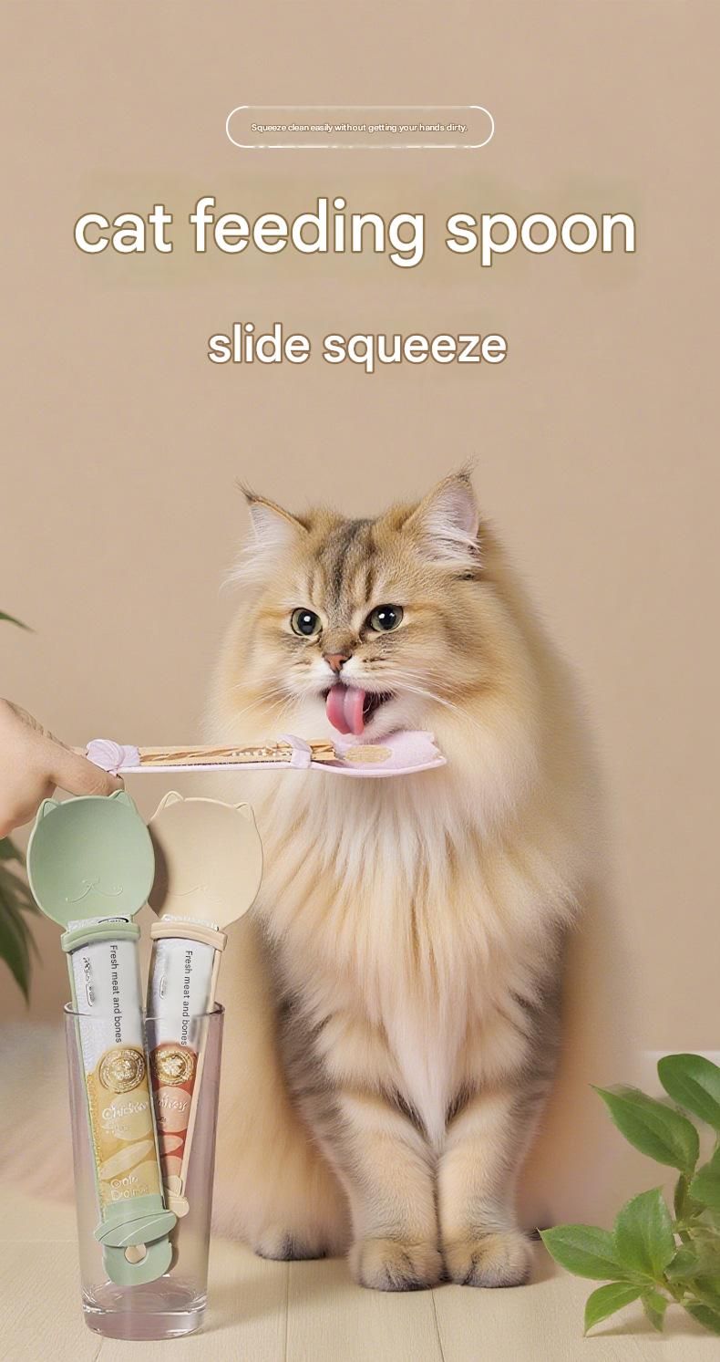 Beige Cat Treat Spoon for Wet Food & Paste - Extra-Long PP Handle, Food-Grade Squeeze Feeder with Anti-Spill Bowl, Easy One-Handed Operation for Cats - Image 2