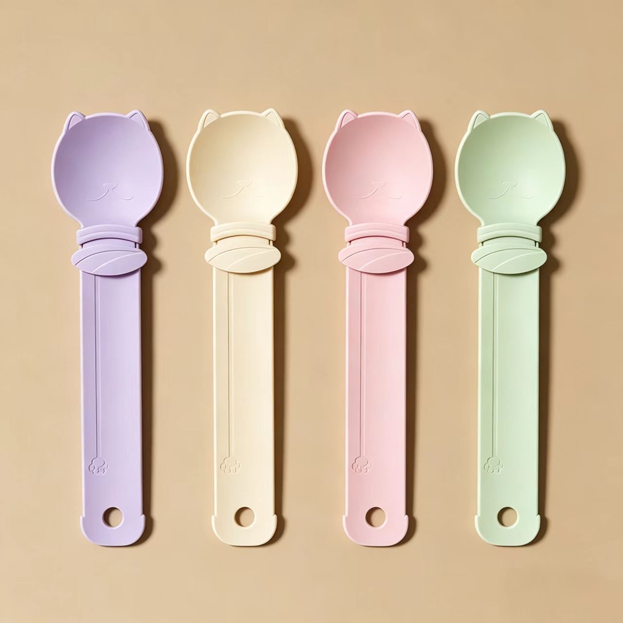 4-piece Beige and Pink and Green and Purple- Cat Treat Spoon for Wet Food & Paste - Extra-Long PP Handle, Food-Grade Squeeze Feeder with Anti-Spill Bowl, Easy One-Handed Operation for Cats - Image 1