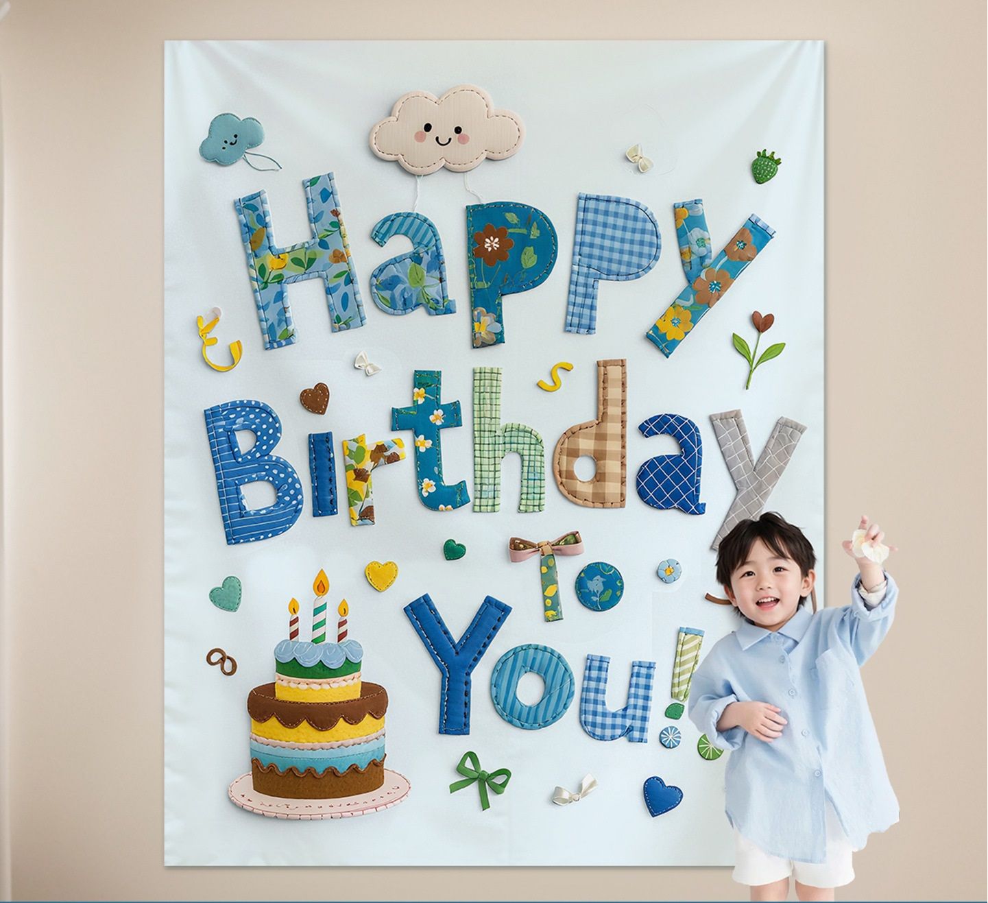 Blue Happy Birthday Backdrop Banner - Reusable Fabric Party Decoration with Colourful Lettering, Photo Background for Kids Birthday, Baby Shower & Celebration - Image 1