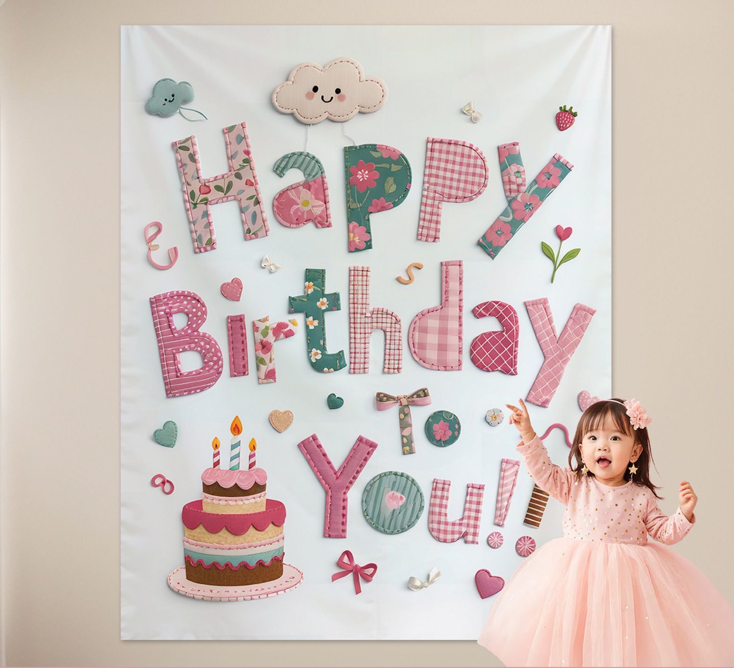 Pink Happy Birthday Backdrop Banner - Reusable Fabric Party Decoration with Colourful Lettering, Photo Background for Kids Birthday, Baby Shower & Celebration - Image 1