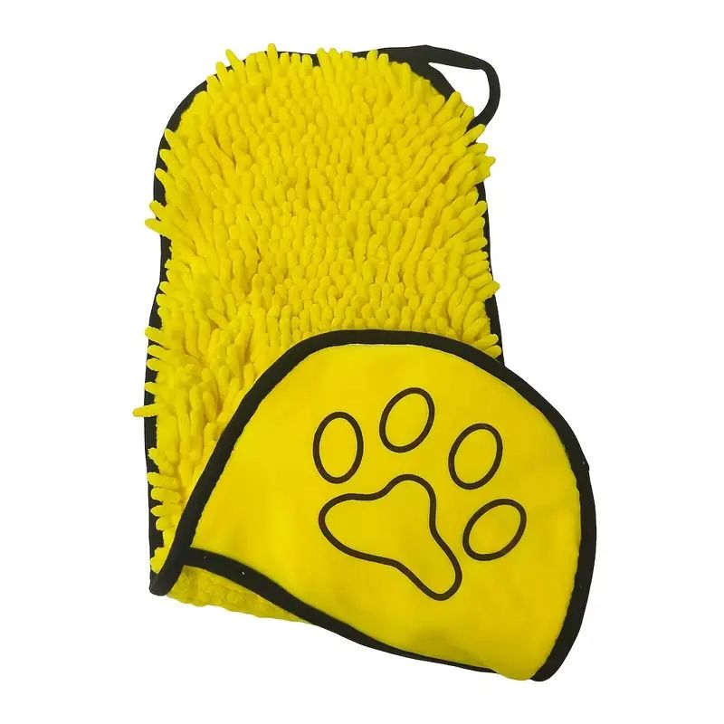 Yellow Chenille Pet Drying Towel with Dual Hand Pockets - Ultra Absorbent, Quick Dry, Soft Microfiber, Durable Stitching - for Dogs and Cats Bathing, Grooming, Travel - Image 1