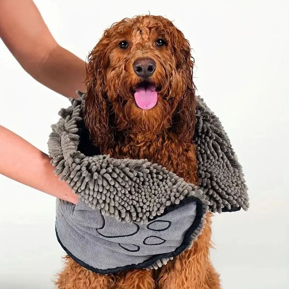 Yellow Chenille Pet Drying Towel with Dual Hand Pockets - Ultra Absorbent, Quick Dry, Soft Microfiber, Durable Stitching - for Dogs and Cats Bathing, Grooming, Travel - Image 7