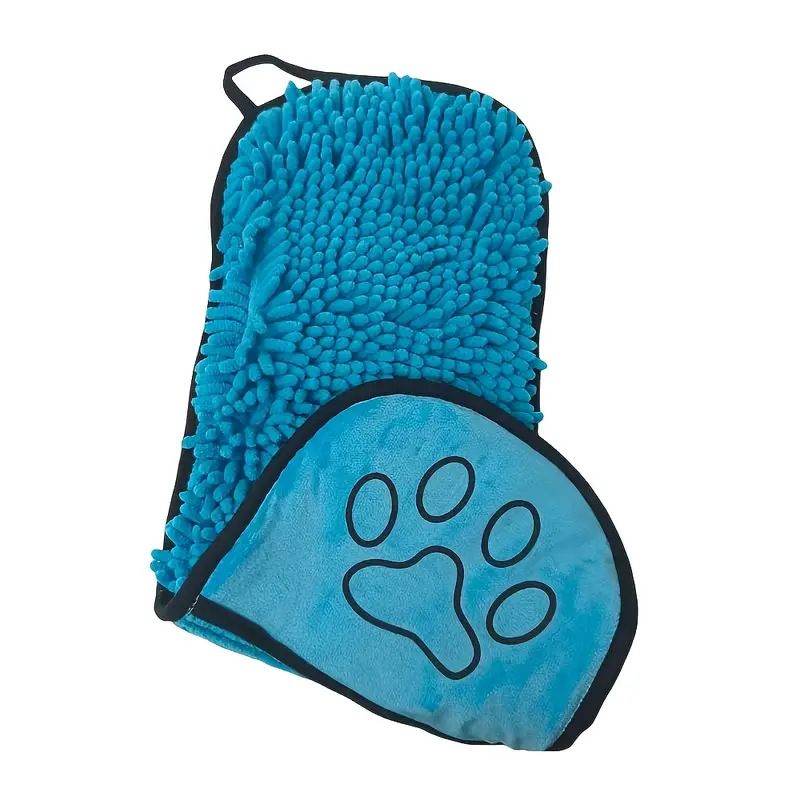 Blue Chenille Pet Drying Towel with Dual Hand Pockets - Ultra Absorbent, Quick Dry, Soft Microfiber, Durable Stitching - for Dogs and Cats Bathing, Grooming, Travel - Image 1