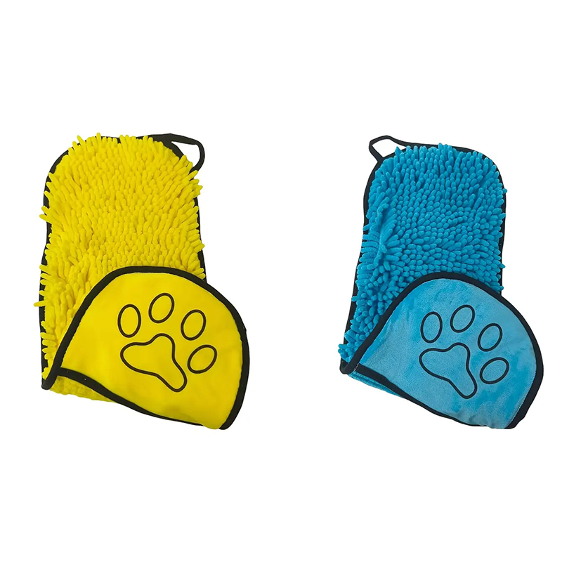2-piece Yellow and Blue Chenille Pet Drying Towel with Dual Hand Pockets - Ultra Absorbent, Quick Dry, Soft Microfiber, Durable Stitching - for Dogs and Cats Bathing, Grooming, Travel - Image 1