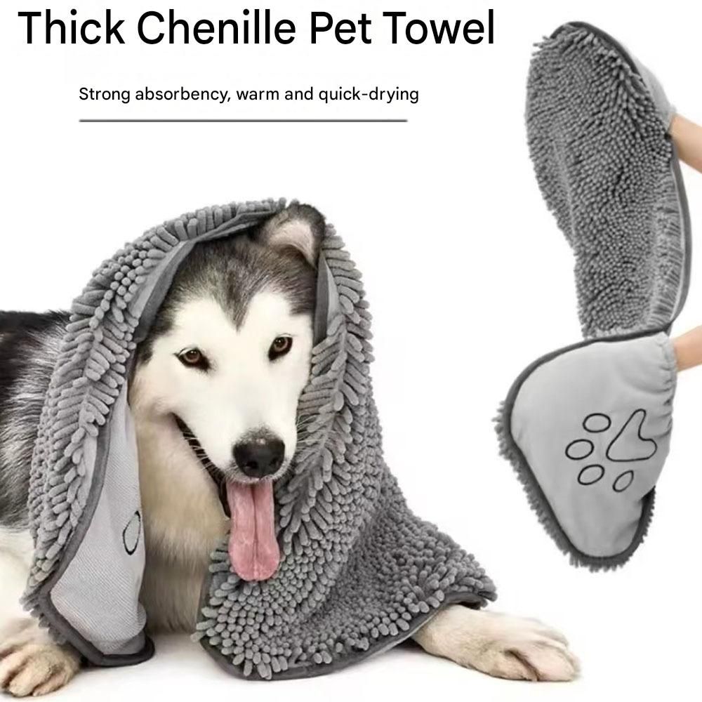 2-piece Yellow and Blue Chenille Pet Drying Towel with Dual Hand Pockets - Ultra Absorbent, Quick Dry, Soft Microfiber, Durable Stitching - for Dogs and Cats Bathing, Grooming, Travel - Image 2