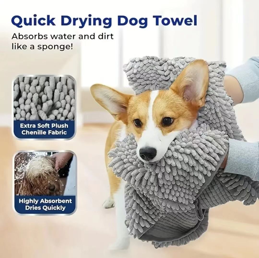 2-piece Yellow and Blue Chenille Pet Drying Towel with Dual Hand Pockets - Ultra Absorbent, Quick Dry, Soft Microfiber, Durable Stitching - for Dogs and Cats Bathing, Grooming, Travel - Image 3