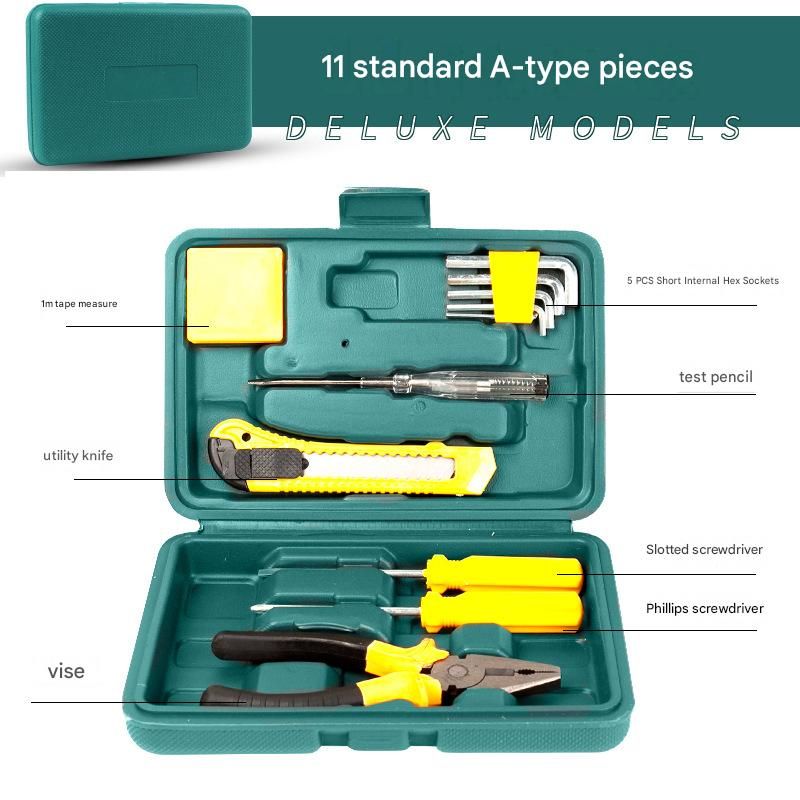Green 11 Piece Set -Multi-Purpose Home & Car Tool Kit -  Durable Blow-Molded Case, Utility Knife, Tape Measure, Pliers, Hammer, Screwdrivers, Allen Keys - Compact Emergency Repair Set for DIY and Auto Maintenance - Image 1