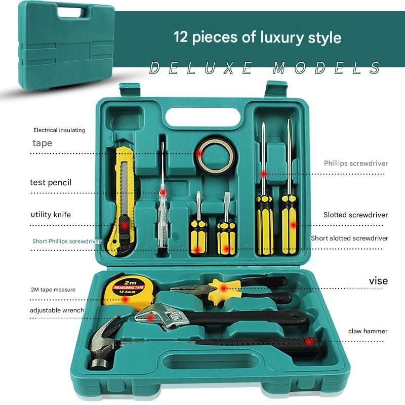 Green 12 Piece Set -Multi-Purpose Home & Car Tool Kit -  Durable Blow-Molded Case, Utility Knife, Tape Measure, Pliers, Hammer, Screwdrivers, Allen Keys - Compact Emergency Repair Set for DIY and Auto Maintenance - Image 1