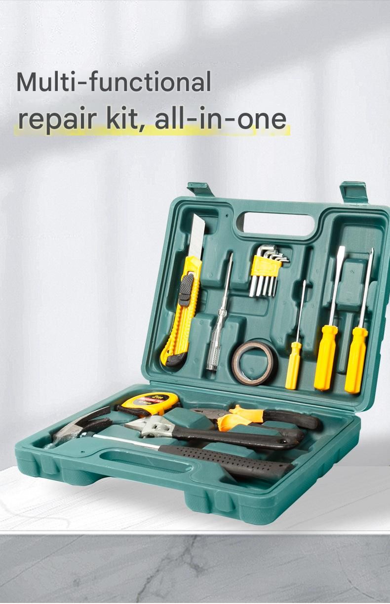 Green 12 Piece Set -Multi-Purpose Home & Car Tool Kit -  Durable Blow-Molded Case, Utility Knife, Tape Measure, Pliers, Hammer, Screwdrivers, Allen Keys - Compact Emergency Repair Set for DIY and Auto Maintenance - Image 4