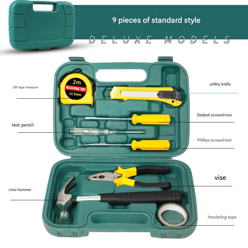 Green 9 Piece Set -Multi-Purpose Home & Car Tool Kit -  Durable Blow-Molded Case, Utility Knife, Tape Measure, Pliers, Hammer, Screwdrivers, Allen Keys - Compact Emergency Repair Set for DIY and Auto Maintenance - Image 1
