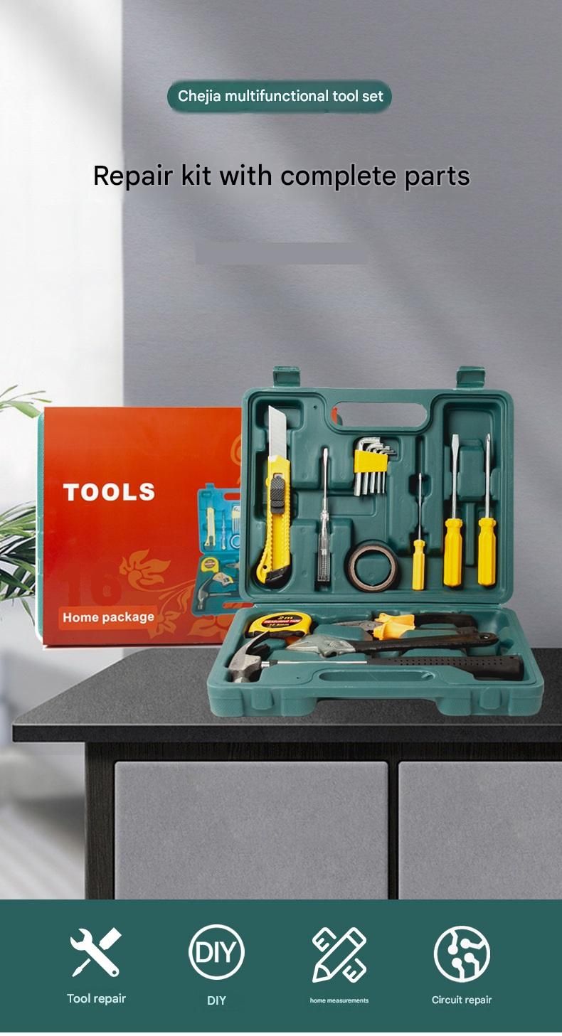 Green 9 Piece Set -Multi-Purpose Home & Car Tool Kit -  Durable Blow-Molded Case, Utility Knife, Tape Measure, Pliers, Hammer, Screwdrivers, Allen Keys - Compact Emergency Repair Set for DIY and Auto Maintenance - Image 2