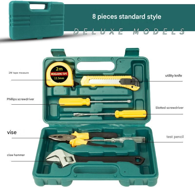 Green 8 Piece Set -Multi-Purpose Home & Car Tool Kit -  Durable Blow-Molded Case, Utility Knife, Tape Measure, Pliers, Hammer, Screwdrivers, Allen Keys - Compact Emergency Repair Set for DIY and Auto Maintenance - Image 1