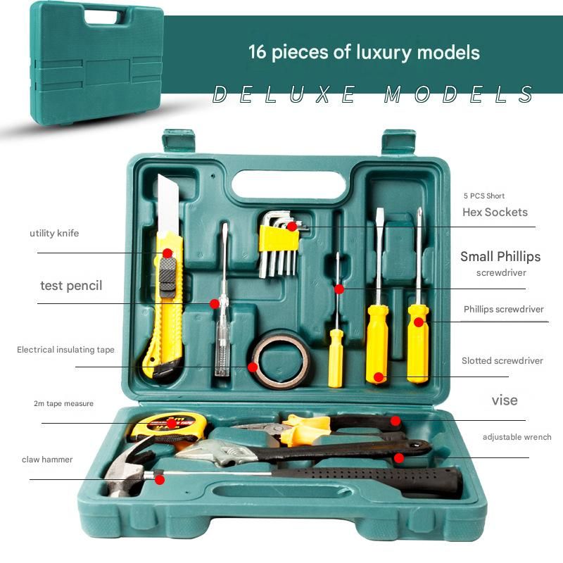 Green 16 Piece Set -Multi-Purpose Home & Car Tool Kit -  Durable Blow-Molded Case, Utility Knife, Tape Measure, Pliers, Hammer, Screwdrivers, Allen Keys - Compact Emergency Repair Set for DIY and Auto Maintenance - Image 1