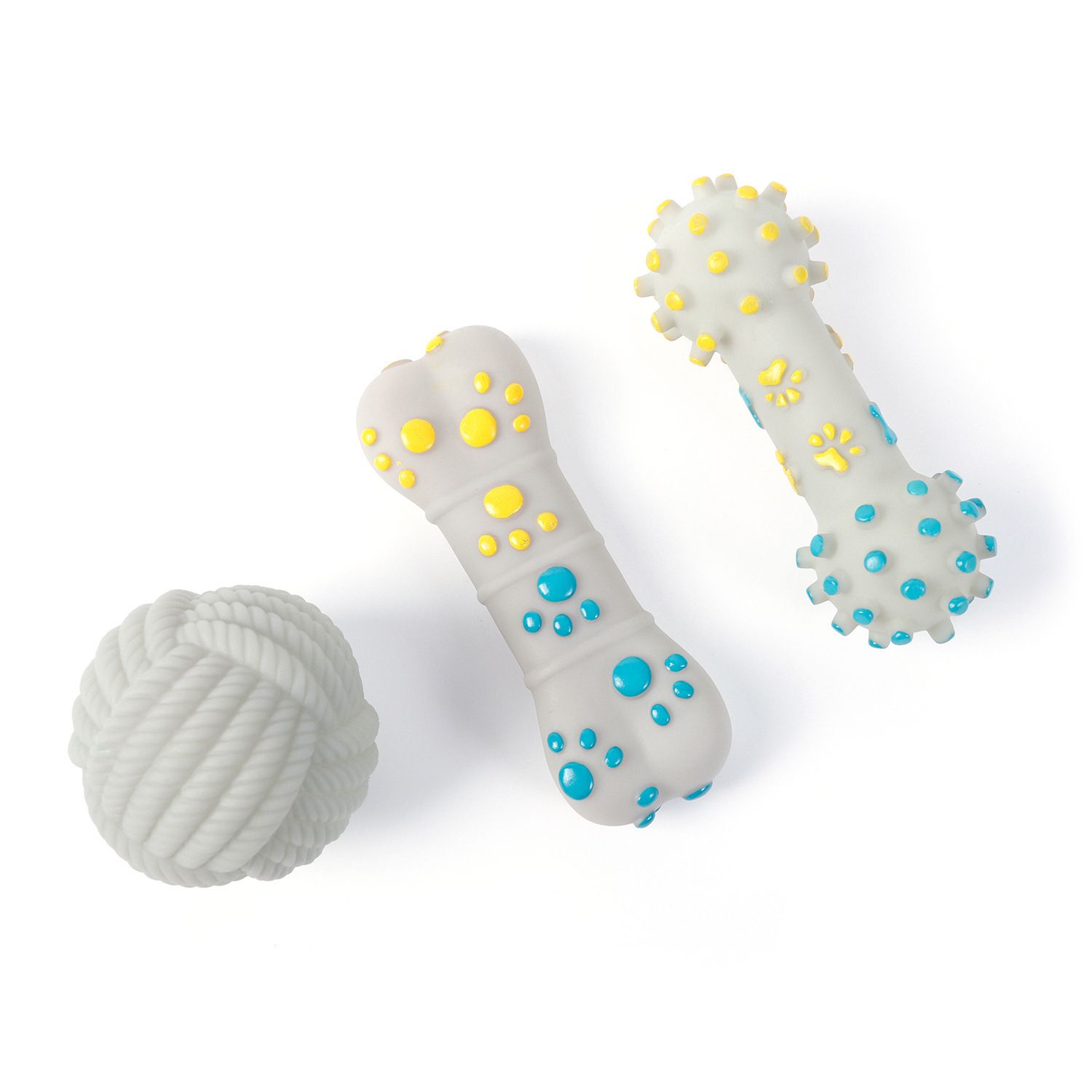 3-piece Yellow and Blue Squeaky Bone Spiked ring barbell White Rope Ball Durable TPR Dog Chew Toys Set -  for Teeth Cleaning - Non-Toxic, Bite-Resistant, Easy Clean - Interactive Play for Medium to Large Dogs - Image 1