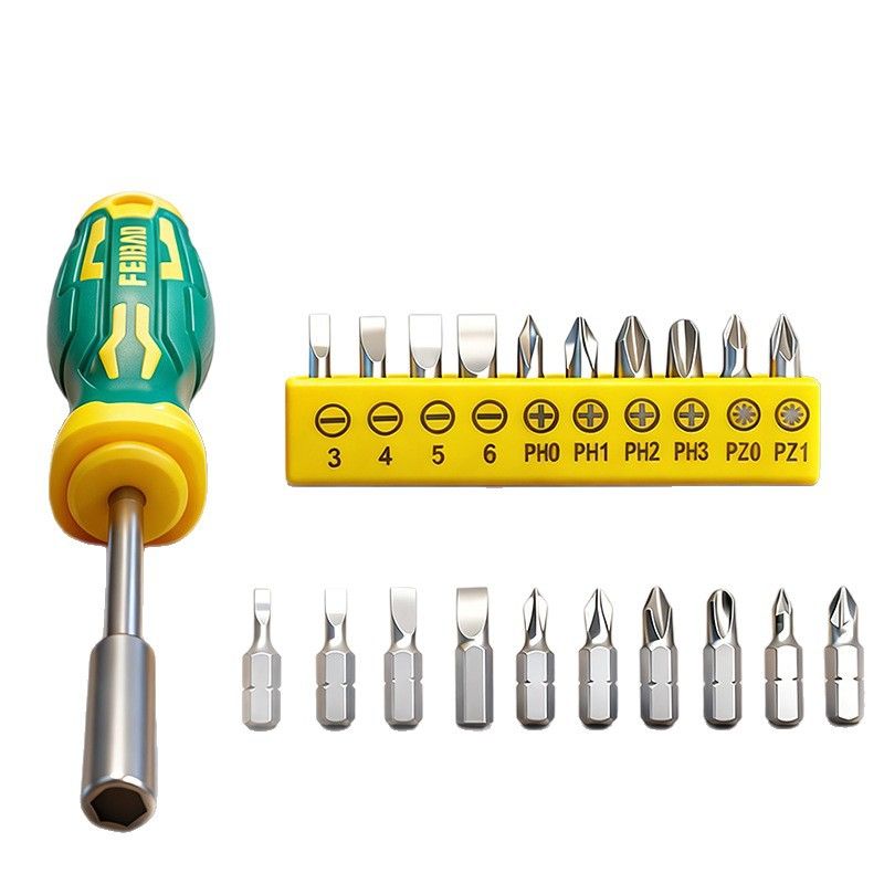 Green and Yellow 11-Piece Magnetic Screwdriver Bit Set - Chrome Vanadium Steel Bits, Ergonomic Handle, 7mm Hex Shank - Multi-Purpose DIY Tool Kit for Home, Auto Repair, Electronics - Image 1