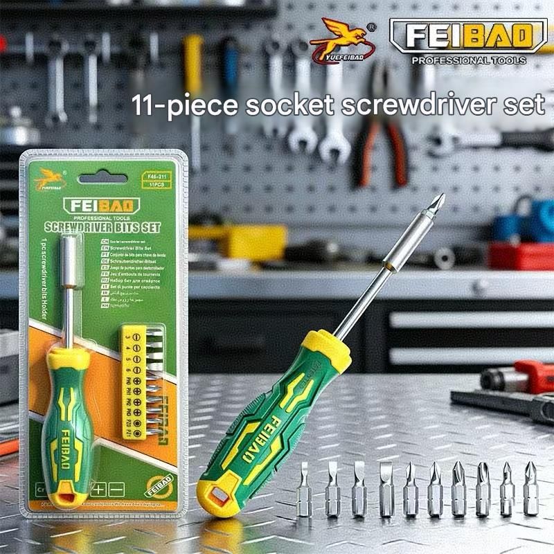 Green and Yellow 11-Piece Magnetic Screwdriver Bit Set - Chrome Vanadium Steel Bits, Ergonomic Handle, 7mm Hex Shank - Multi-Purpose DIY Tool Kit for Home, Auto Repair, Electronics - Image 2
