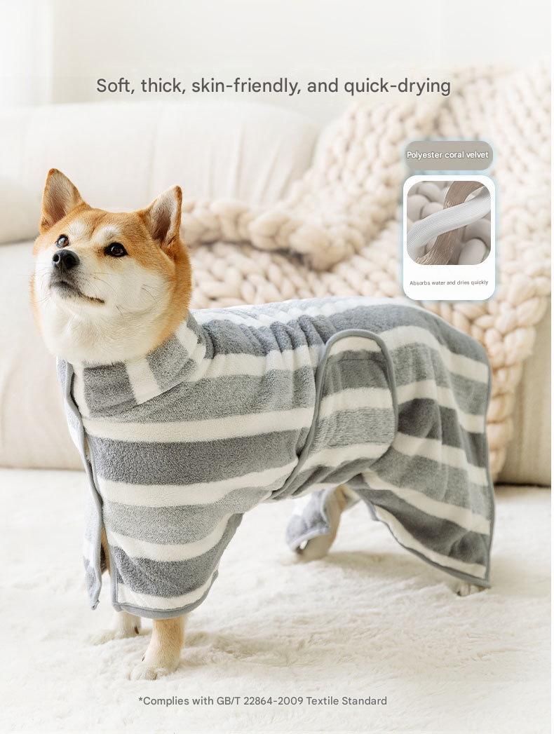 Grey and White L Size Super Absorbent Dog Bathrobe – Quick-Dry Coral Fleece Pet Towel with Snaps & Adjustable Belly Strap | Wearable Drying Coat for Small Medium Large Dogs & Cats After Bath, Swim, Rain - Image 2