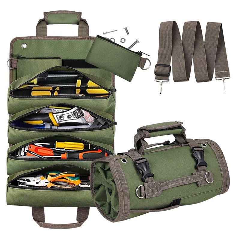Green Multi-Purpose 600D Oxford Cloth Roll-Up Tool Organizer Bag – Heavy-Duty Waterproof & Anti-Scratch Organizer for Electricians, Mechanics & Automotive Use-Duty Oxford Fabric - Multi-Pocket Storage for Electricians, Mechanics & DIY Enthusiasts - Image 1