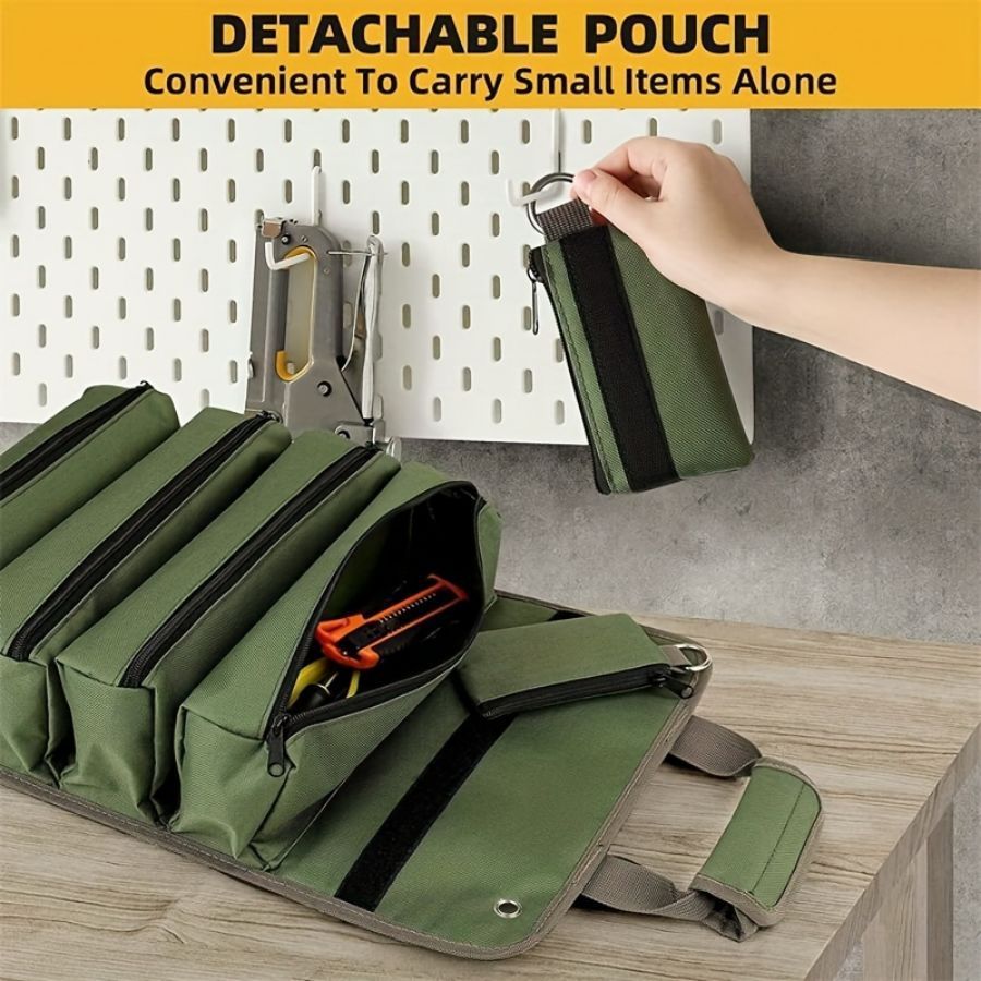 Green Multi-Purpose 600D Oxford Cloth Roll-Up Tool Organizer Bag – Heavy-Duty Waterproof & Anti-Scratch Organizer for Electricians, Mechanics & Automotive Use-Duty Oxford Fabric - Multi-Pocket Storage for Electricians, Mechanics & DIY Enthusiasts - Image 4