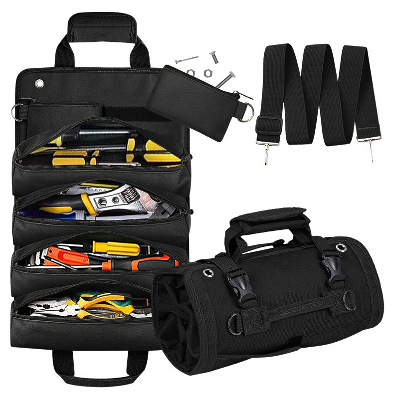 Black Multi-Purpose 600D Oxford Cloth Roll-Up Tool Organizer Bag – Heavy-Duty Waterproof & Anti-Scratch Organizer for Electricians, Mechanics & Automotive Use-Duty Oxford Fabric - Multi-Pocket Storage for Electricians, Mechanics & DIY Enthusiasts - Image 1