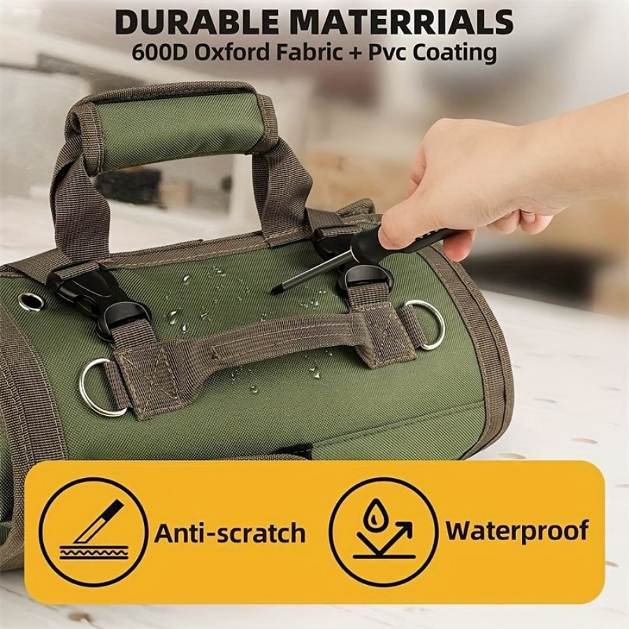 Black Multi-Purpose 600D Oxford Cloth Roll-Up Tool Organizer Bag – Heavy-Duty Waterproof & Anti-Scratch Organizer for Electricians, Mechanics & Automotive Use-Duty Oxford Fabric - Multi-Pocket Storage for Electricians, Mechanics & DIY Enthusiasts - Image 5