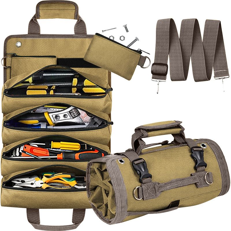 Khaki Multi-Purpose 600D Oxford Cloth Roll-Up Tool Organizer Bag – Heavy-Duty Waterproof & Anti-Scratch Organizer for Electricians, Mechanics & Automotive Use-Duty Oxford Fabric - Multi-Pocket Storage for Electricians, Mechanics & DIY Enthusiasts - Image 1