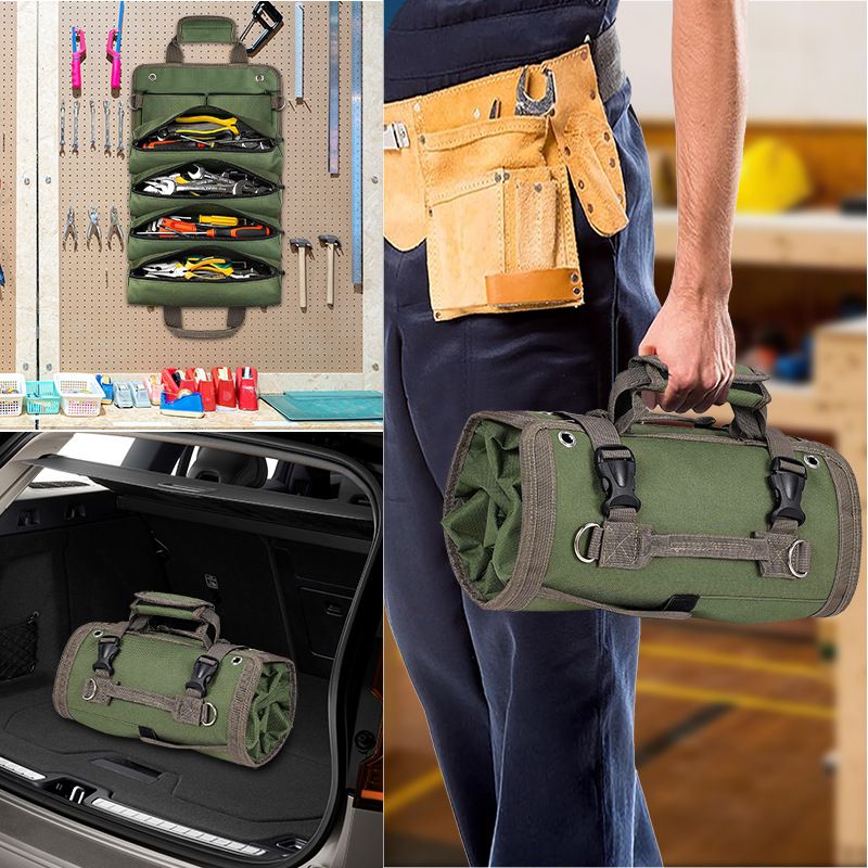 Khaki Multi-Purpose 600D Oxford Cloth Roll-Up Tool Organizer Bag – Heavy-Duty Waterproof & Anti-Scratch Organizer for Electricians, Mechanics & Automotive Use-Duty Oxford Fabric - Multi-Pocket Storage for Electricians, Mechanics & DIY Enthusiasts - Image 6