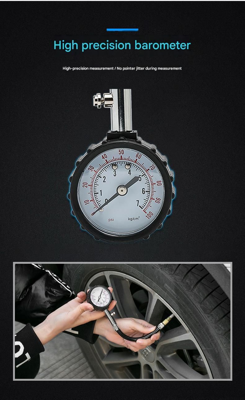 Black High Precision Mechanical Tyre Pressure Gauge - Durable Stainless Steel & Rubber Construction, Long Flexible Hose, Pressure Release & Zeroing Valve, 0-100 PSI Dial for Car, SUV, Motorcycle, Van - Image 3