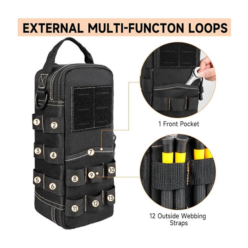 Heavy Duty Oxford Cloth Tool Bag - Portable Tactical Storage Pouch with Shoulder Strap, Multi-Function Loops, Zipper Pockets & Elastic Bands, Durable & Wear Resistant for Electricians, DIY, Camping, Auto Repair - Image 3
