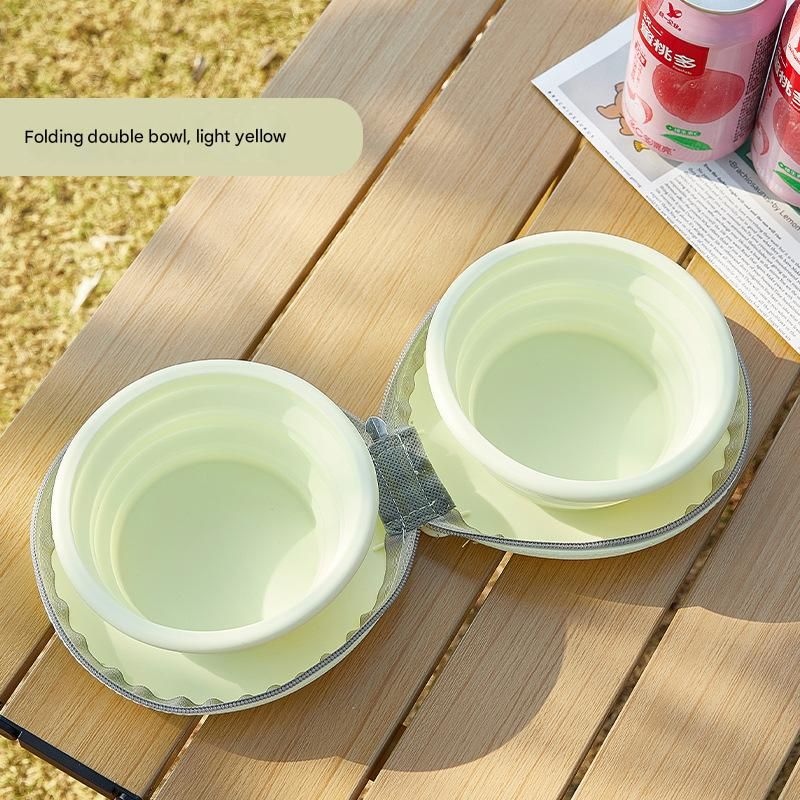 Light Yellow Portable Collapsible Silicone Pet Bowl - Food Grade Silicone - Dual Bowl Design, Adjustable Height, Lightweight & Compact, Bear Paw Pattern, for Dogs & Cats, Travel Friendly, Easy Clean - Image 1
