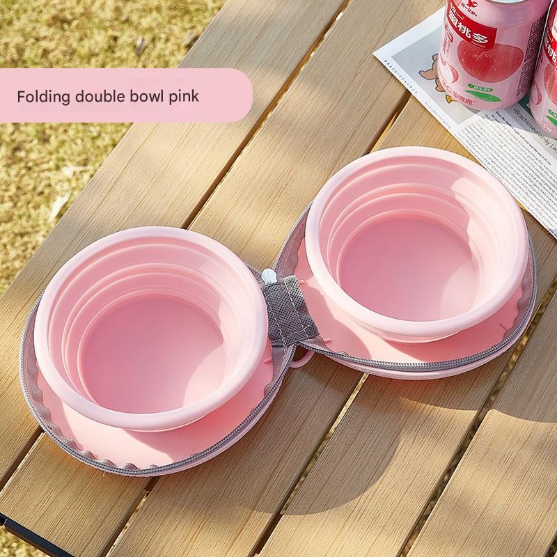 Pink Portable Collapsible Silicone Pet Bowl - Food Grade Silicone - Dual Bowl Design, Adjustable Height, Lightweight & Compact, Bear Paw Pattern, for Dogs & Cats, Travel Friendly, Easy Clean - Image 1