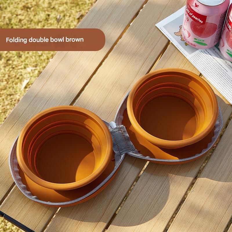 Brown Portable Collapsible Silicone Pet Bowl - Food Grade Silicone - Dual Bowl Design, Adjustable Height, Lightweight & Compact, Bear Paw Pattern, for Dogs & Cats, Travel Friendly, Easy Clean - Image 1