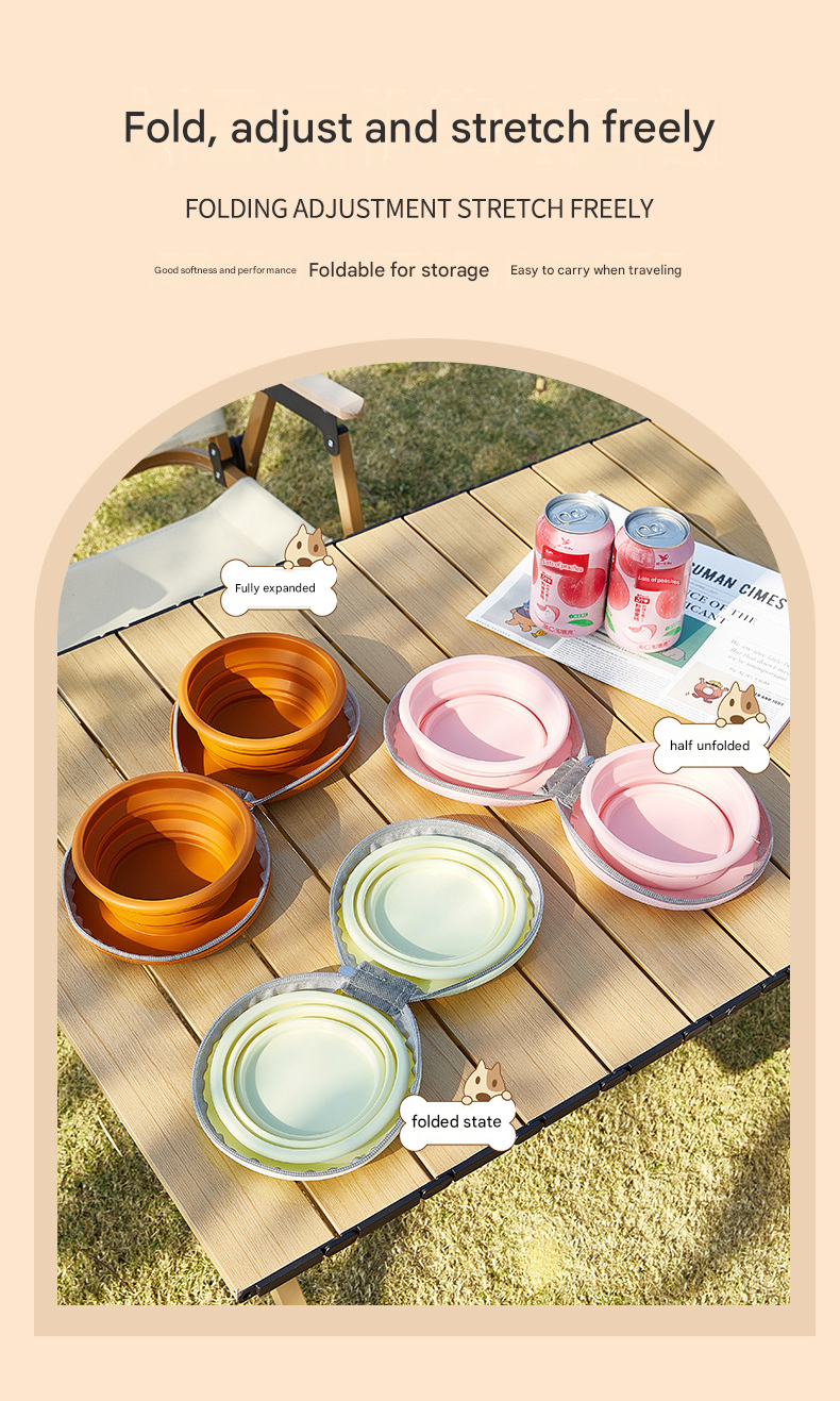 Brown Portable Collapsible Silicone Pet Bowl - Food Grade Silicone - Dual Bowl Design, Adjustable Height, Lightweight & Compact, Bear Paw Pattern, for Dogs & Cats, Travel Friendly, Easy Clean - Image 4