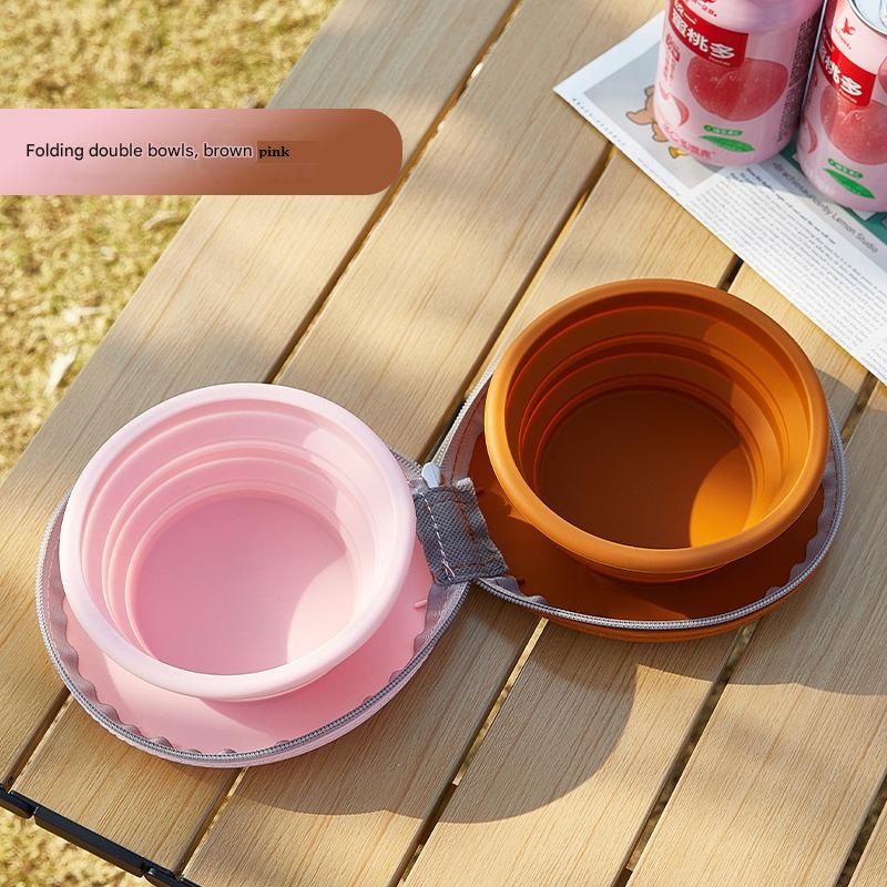 Brown and Pink Portable Collapsible Silicone Pet Bowl - Food Grade Silicone - Dual Bowl Design, Adjustable Height, Lightweight & Compact, Bear Paw Pattern, for Dogs & Cats, Travel Friendly, Easy Clean - Image 1