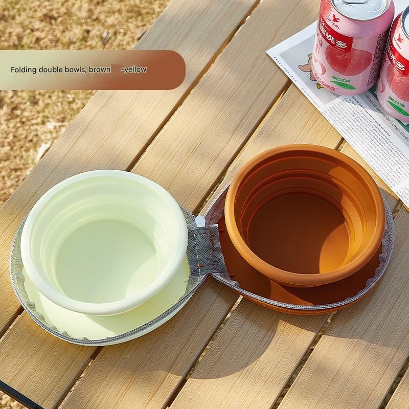 Brown and Yellow Portable Collapsible Silicone Pet Bowl - Food Grade Silicone - Dual Bowl Design, Adjustable Height, Lightweight & Compact, Bear Paw Pattern, for Dogs & Cats, Travel Friendly, Easy Clean - Image 1