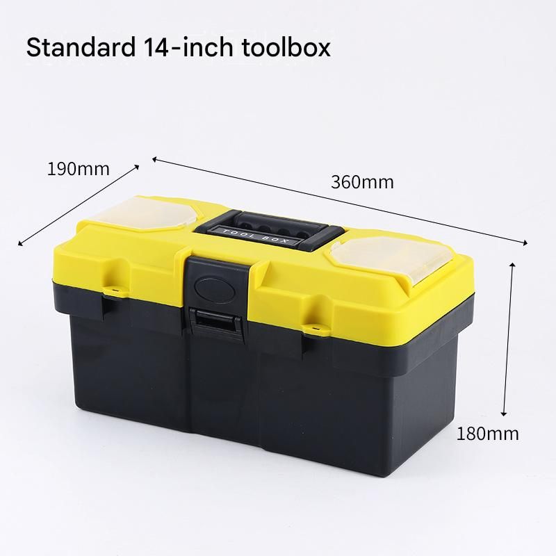 14-inch Yellow and Black Heavy Duty Plastic Toolbox - PP Material with ABS Latches - Lockable, Large Capacity, Double Layer, Organized Storage, for Home Repair, Automotive, Construction, Outdoor Use - Image 1