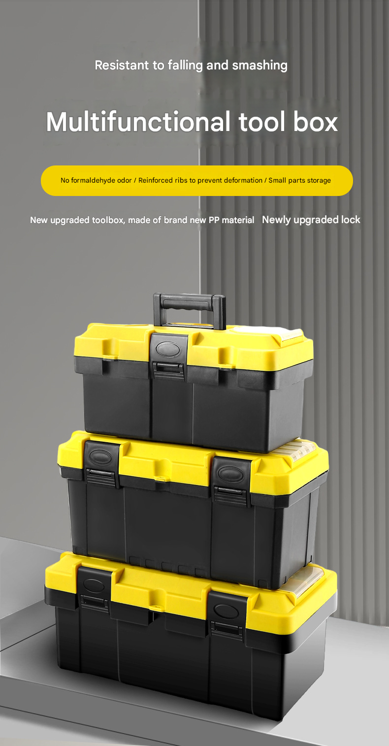 14-inch Yellow and Black Heavy Duty Plastic Toolbox - PP Material with ABS Latches - Lockable, Large Capacity, Double Layer, Organized Storage, for Home Repair, Automotive, Construction, Outdoor Use - Image 2