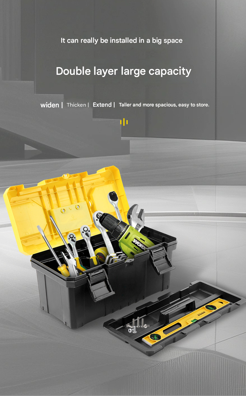 14-inch Yellow and Black Heavy Duty Plastic Toolbox - PP Material with ABS Latches - Lockable, Large Capacity, Double Layer, Organized Storage, for Home Repair, Automotive, Construction, Outdoor Use - Image 5