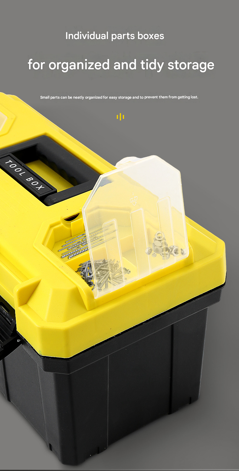 14-inch Yellow and Black Heavy Duty Plastic Toolbox - PP Material with ABS Latches - Lockable, Large Capacity, Double Layer, Organized Storage, for Home Repair, Automotive, Construction, Outdoor Use - Image 8
