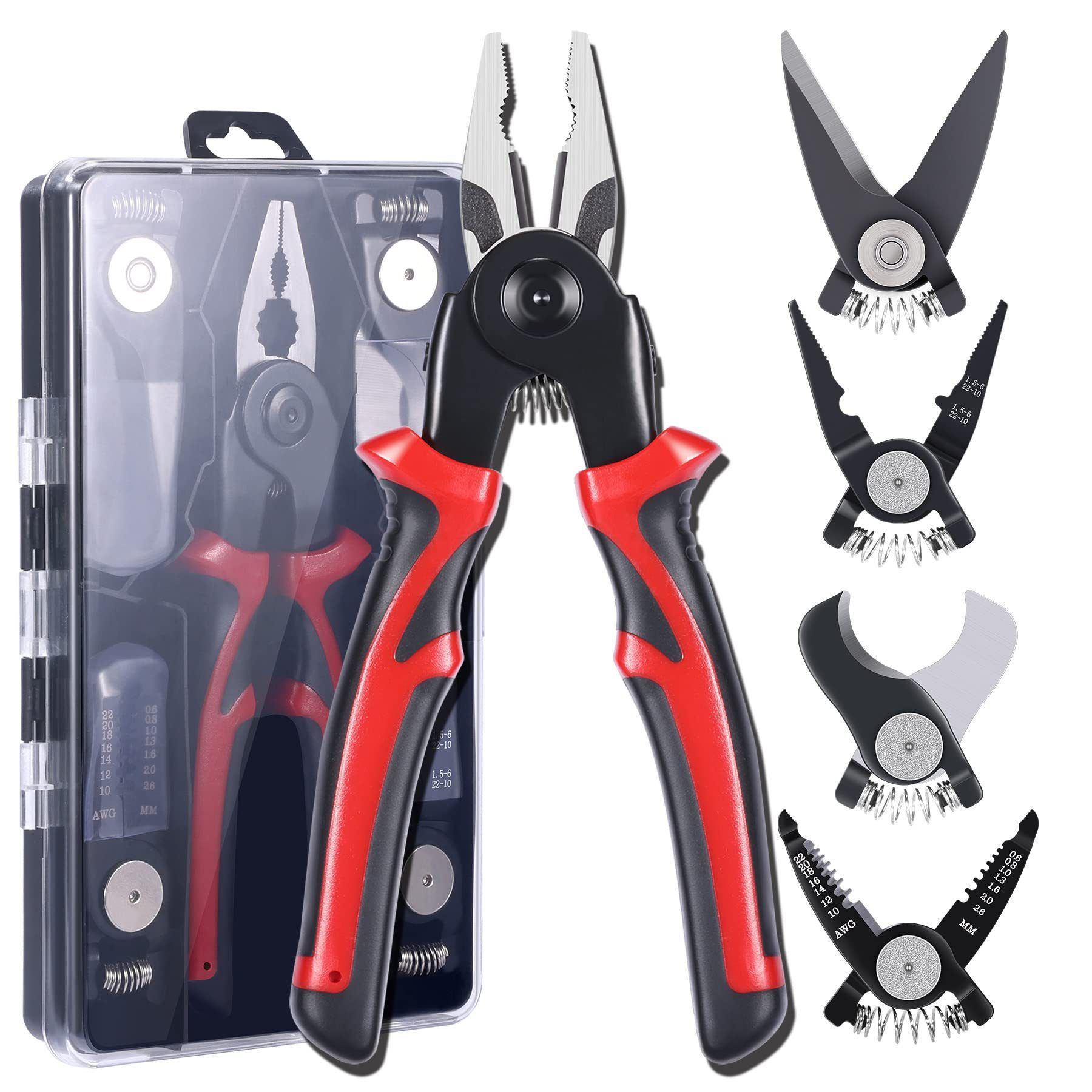 Black and Red 5 in 1 Interchangeable Plier Tool Set - High Carbon Steel - Wire Stripper, Crimper, Cutter, Linesman Pliers, Shear - Multi-Purpose for Electricians, DIY, Home Repair, Compact & Durable - Image 1