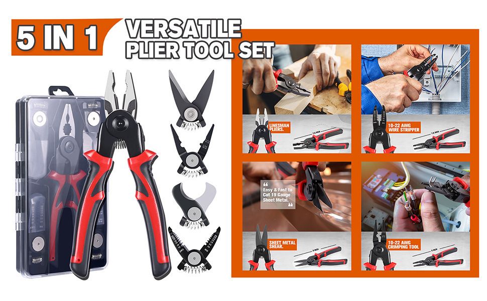 Black and Red 5 in 1 Interchangeable Plier Tool Set - High Carbon Steel - Wire Stripper, Crimper, Cutter, Linesman Pliers, Shear - Multi-Purpose for Electricians, DIY, Home Repair, Compact & Durable - Image 2