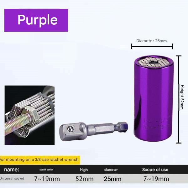 Purple Universal Socket Set 7-19mm - Steel Construction - Multi-function Magic Socket, Colorful Design, Lightweight 130g, Compatible with Power Drills, Versatile Tool for Home & Auto Repair - Image 1