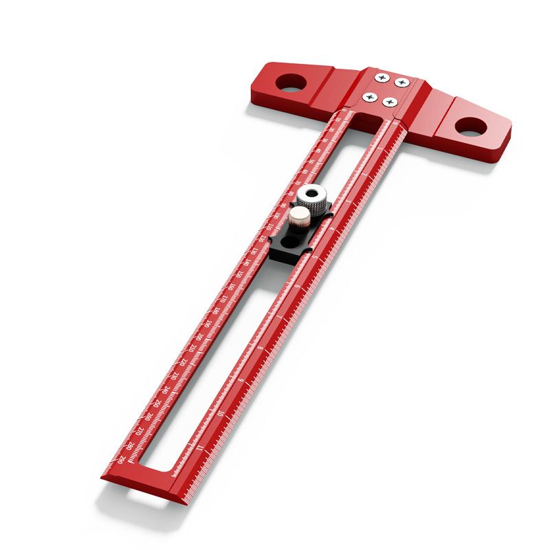 Red Multifunctional T-Square Ruler 0-300mm -  Aluminium Alloy with Laser Engraved Scale - Interchangeable Drill Bushings, 90 Degree Marking & Drilling Guide for Woodworking, DIY and Carpentry - Image 1